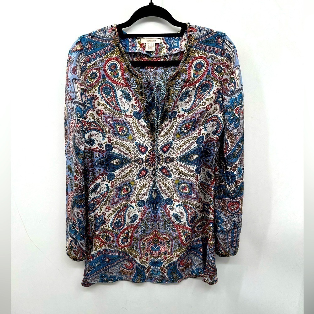 SUNDANCE PAISLEY SILK BEADED woman’s pullover blouse. SM